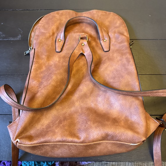 DV Dolce Vita Brown Faux Leather Studded Grommet Backpack Boho Foldover Bag - Picture 4 of 4